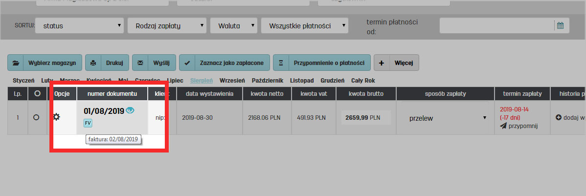 Opcje na liście dokumentów w serwisie do faktur online faktury.pl