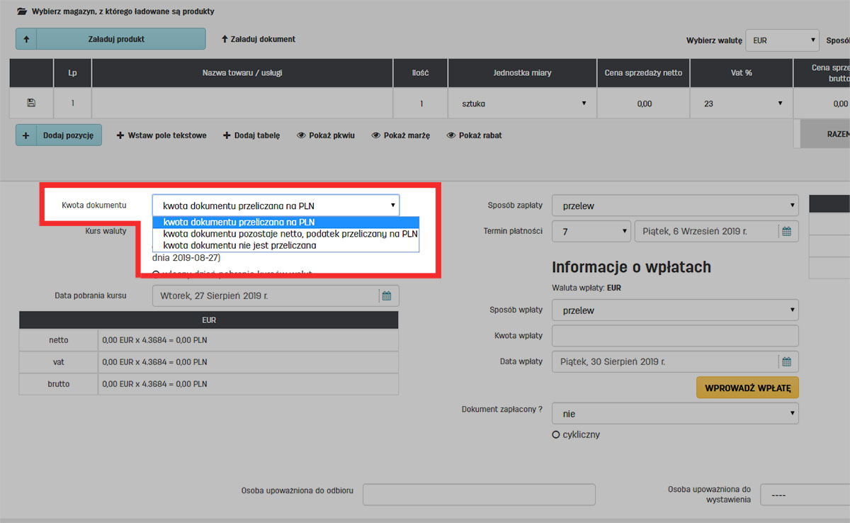 Jak zmienić sposób przeliczania kwot na fakturze w obcej walucie w serwisie faktury.pl Sposoby przeliczania cen na fakturze walutowej