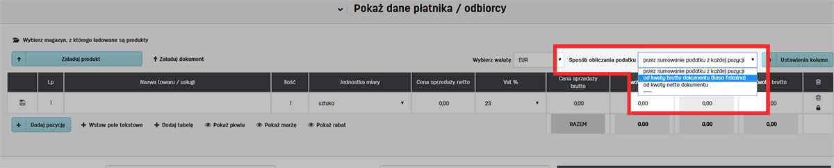 Jak zmienić sposób obliczania podatku na fakturze w serwisie faktury.pl Sposoby obliczania podatku dostępne w faktury.pl