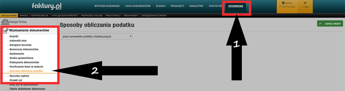Jak edytować sposoby obliczania podatku Ustawienia obliczania podatku na wystawianych dokumentach