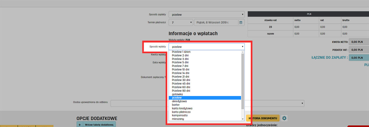 Wybór sposobu płatności dla wystawianej faktury