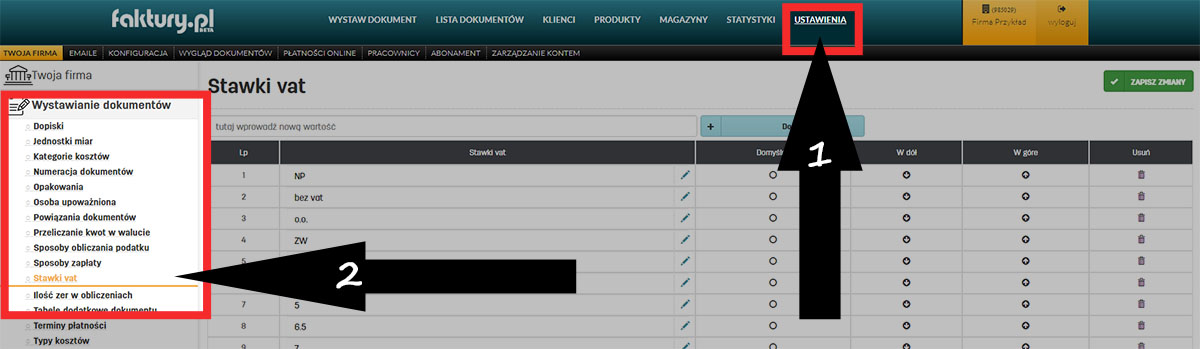 Stawiki VAT w programie do faktur online faktury.pl