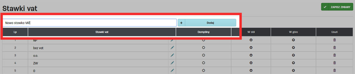 Dodawanie własnej stawki VAT na faktury.pl