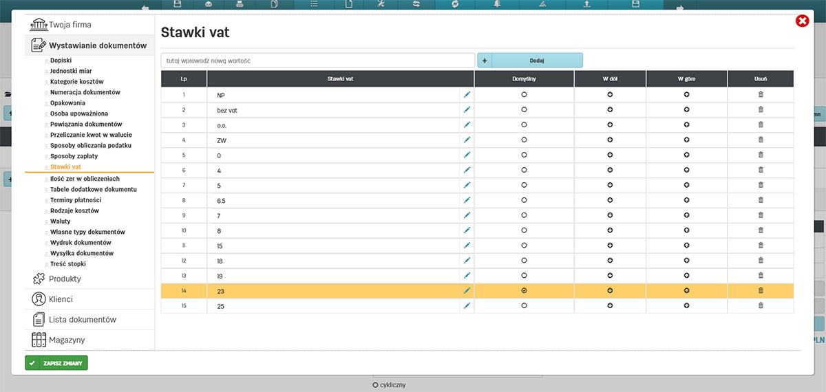 Konfiguracja stawek podatku VAT w serwisie faktury.pl