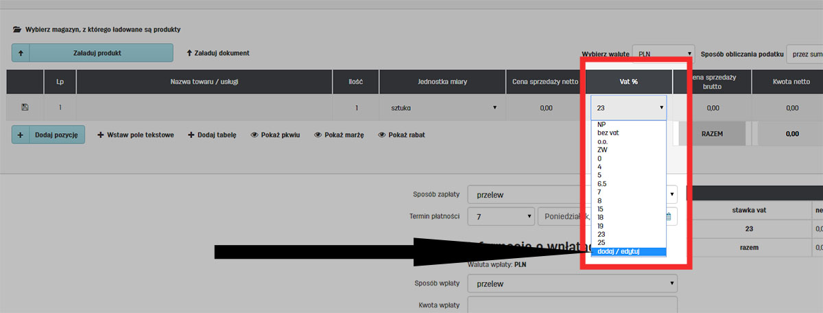 Wybór stawki VAT przy wystawianiu faktury na faktury.pl