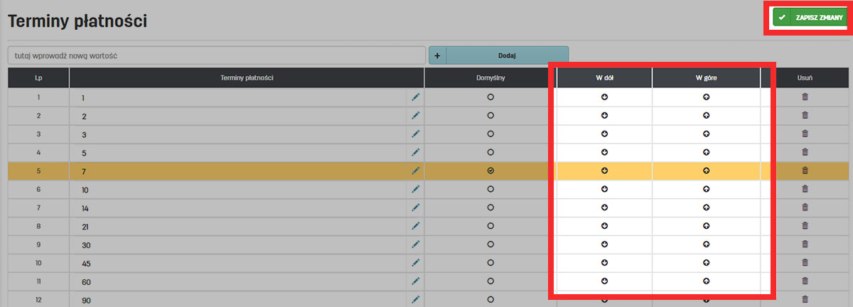 Lista własnych terminów płatności