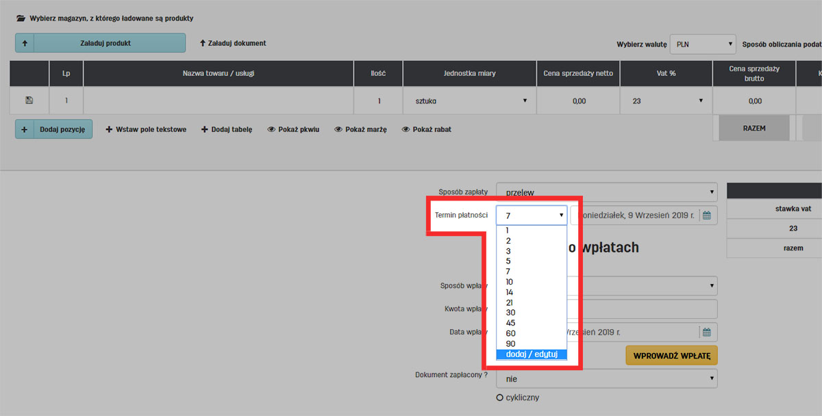 Jak i gdzie ustawić termin płatności dla faktury w serwisie faktury.pl Wybór terminu płatności