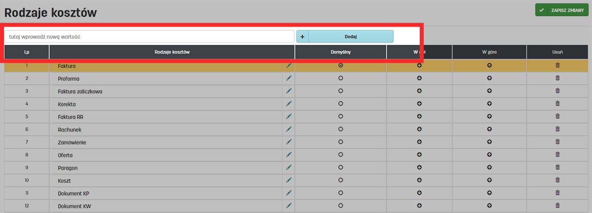 Rodzaje kosztów w programie do faktur online faktury.pl