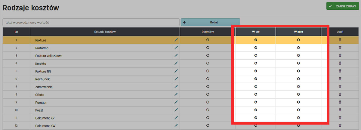 Ustawienia kosztów na stronie faktury.pl
