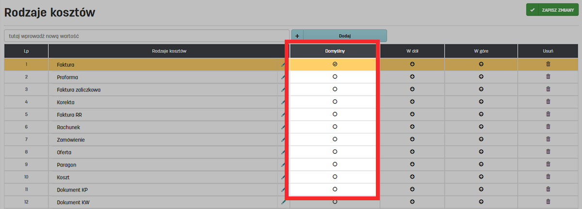 Domyślny dokument kosztowy w serwisie faktury.pl