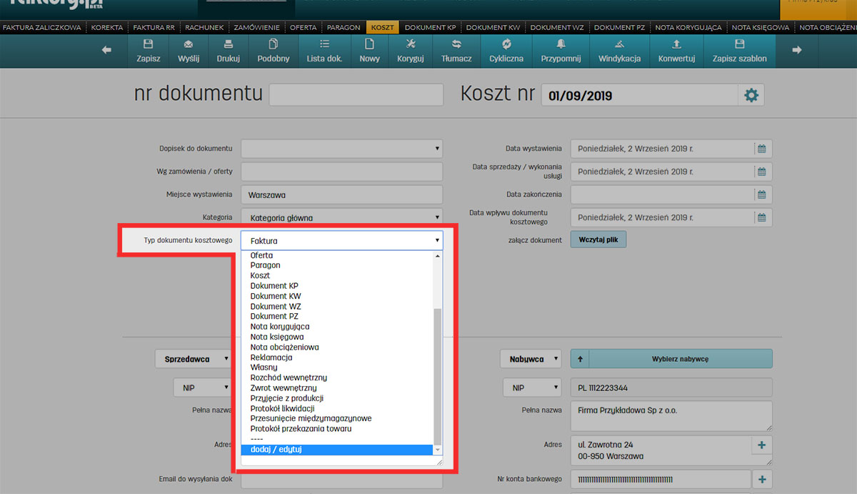 Wybór typu dokumentu kosztowego na faktury.pl
