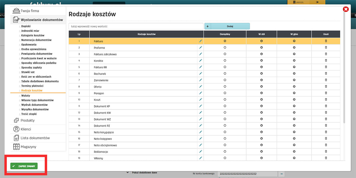 Rodzaje kosztów na faktury.pl