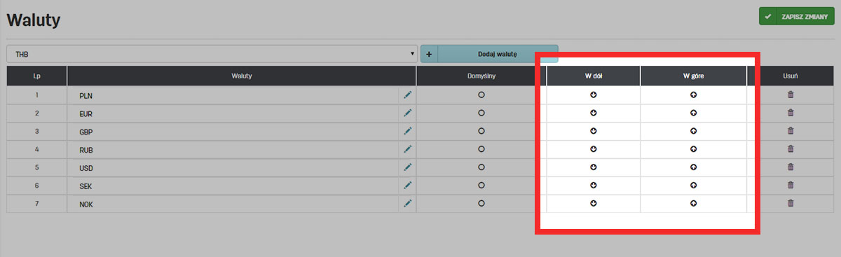 Jak zmienić kolejność własnych walut na liście Kolejność walut w tabeli faktury.pl