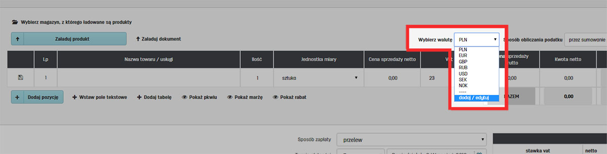 Gdzie i jak wybrać walutę dla wystawianej faktury w faktury.pl Wybór waluty przy wystawianiu faktury