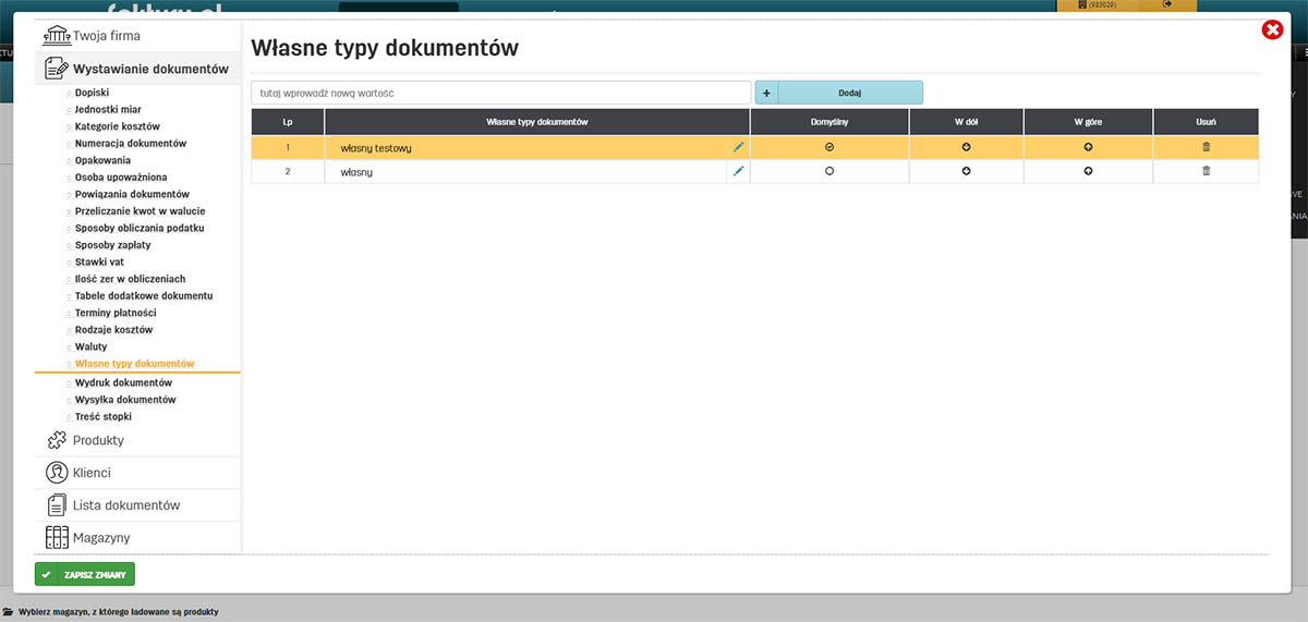 Ustawienia własnych typów dokumentów na faktury.pl