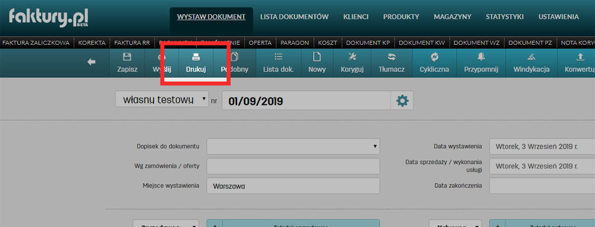 Wydruk faktury po wystawieniu w programie faktury.pl