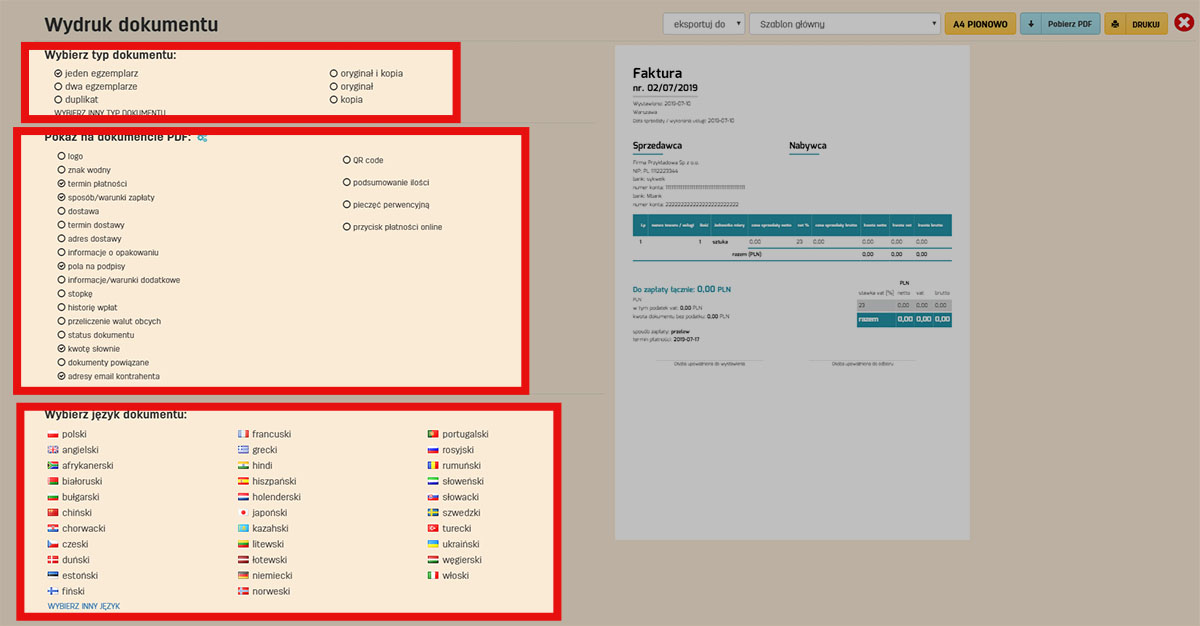 Jak ustawić opcje wydruku PDF w programie faktury.pl Opcje wydruku faktury w serwisie do fakturowania fakturypl