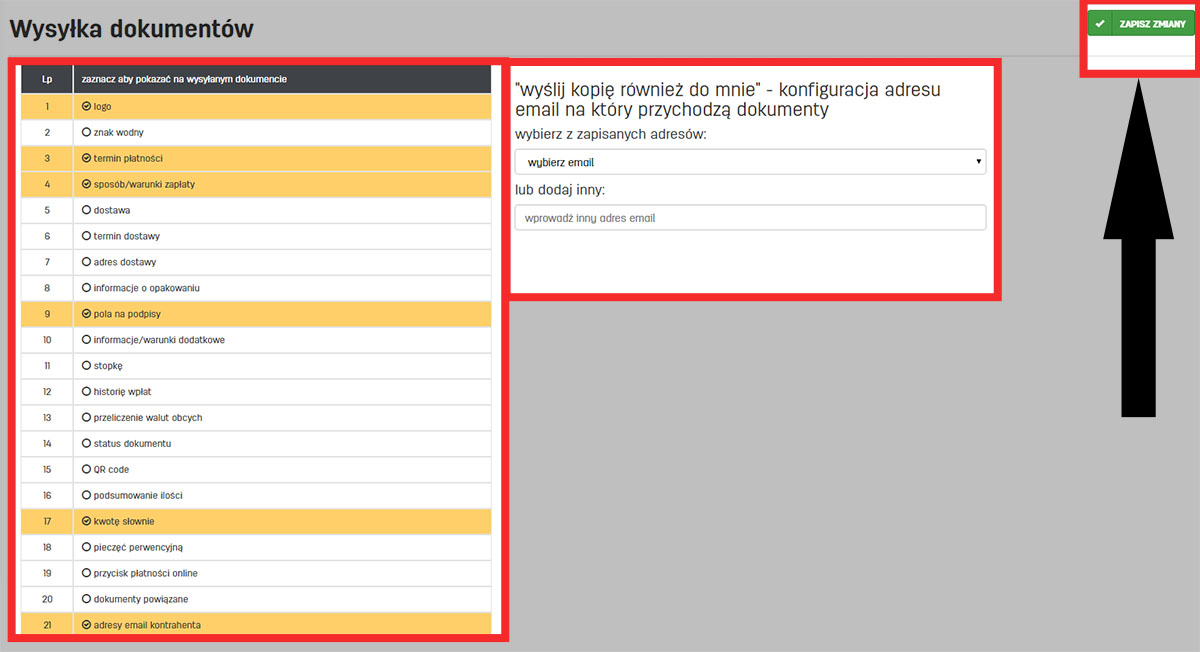 Ustawienia wysyłki dokumentów w programie do faktur online faktury.pl 