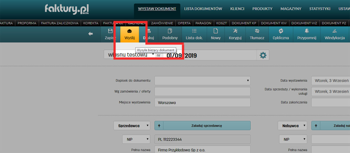 Wysyłka faktury do kontrahenta w programie faktury.pl