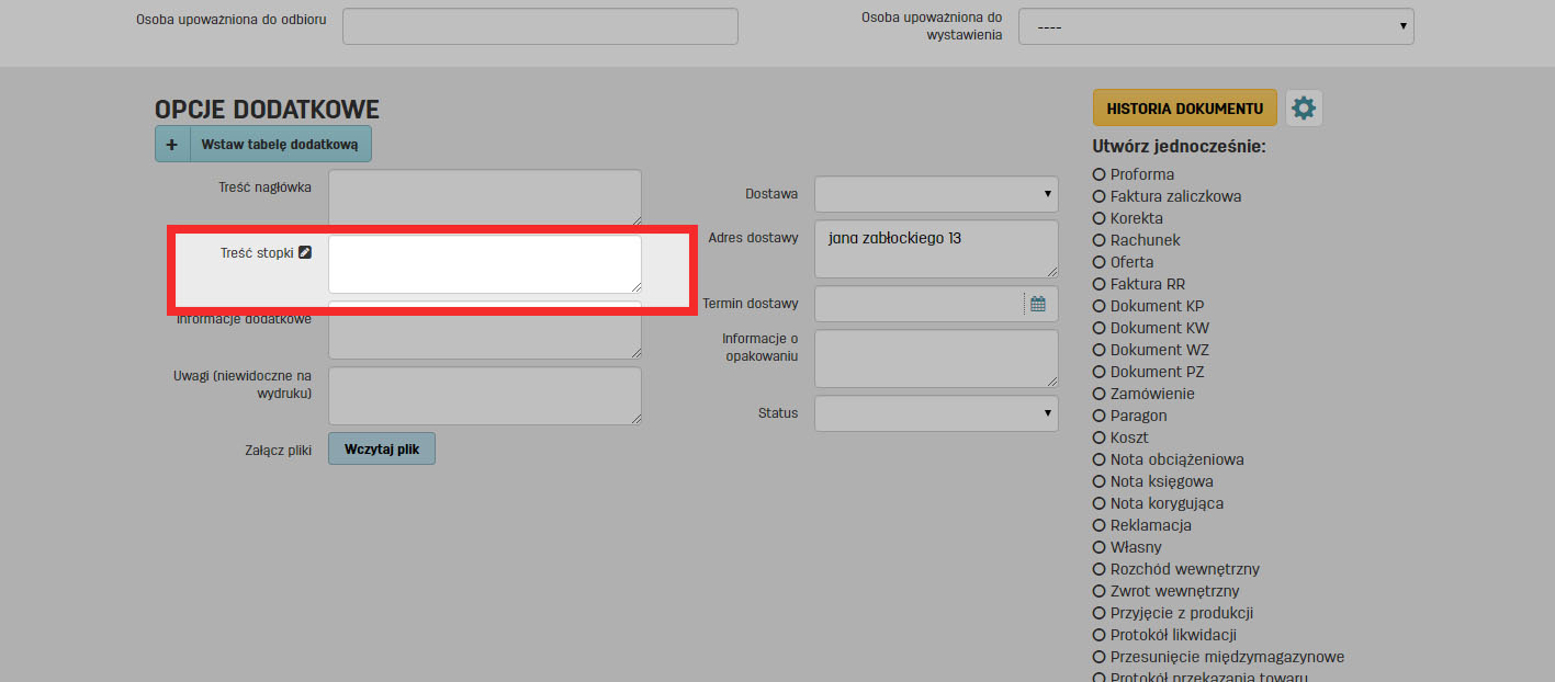 Opcje dodatkowe przy wystawianiu faktury na faktury.pl Jednorazowe dodanie stopki na fakturze w faktury.pl
