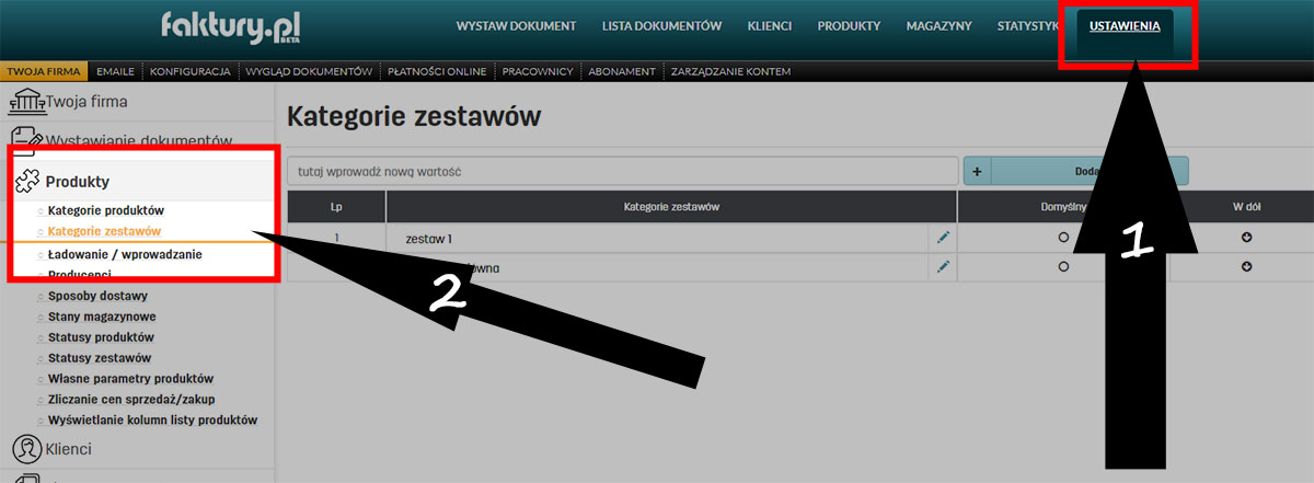 Ustawienia - Kategorie zestawów w faktury.pl