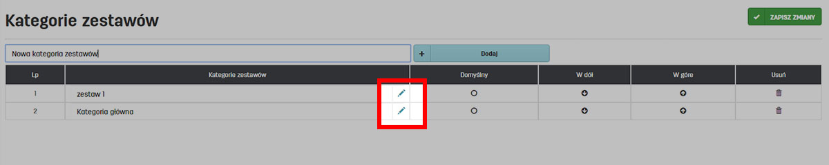 Edycja kategorii zestawów w programie do faktur online faktury.pl