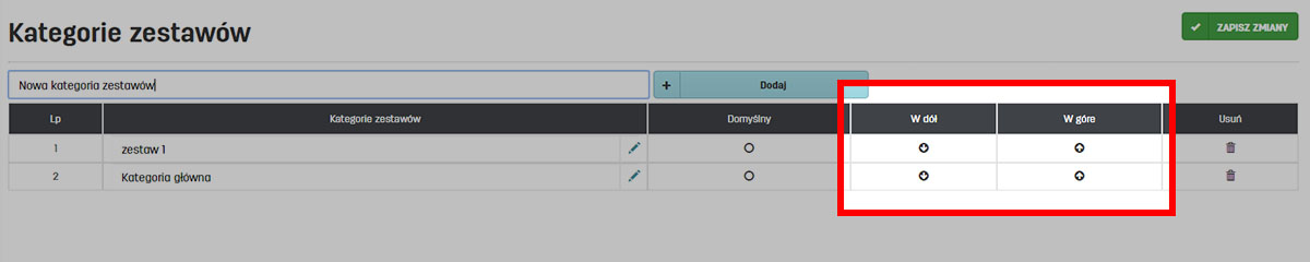 Kolejność kategorii zestawów na liście