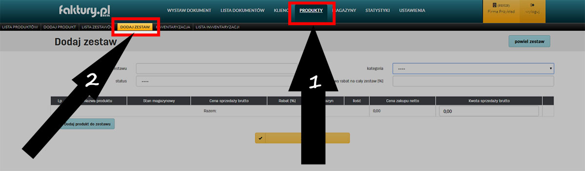 Dodawanie zestawu produktów w programie faktury.pl