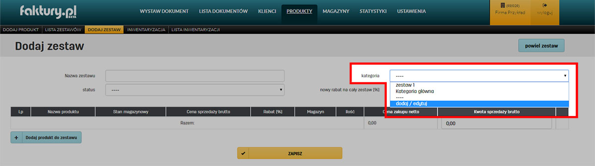 Wybór kategorii dla zestawu produktów