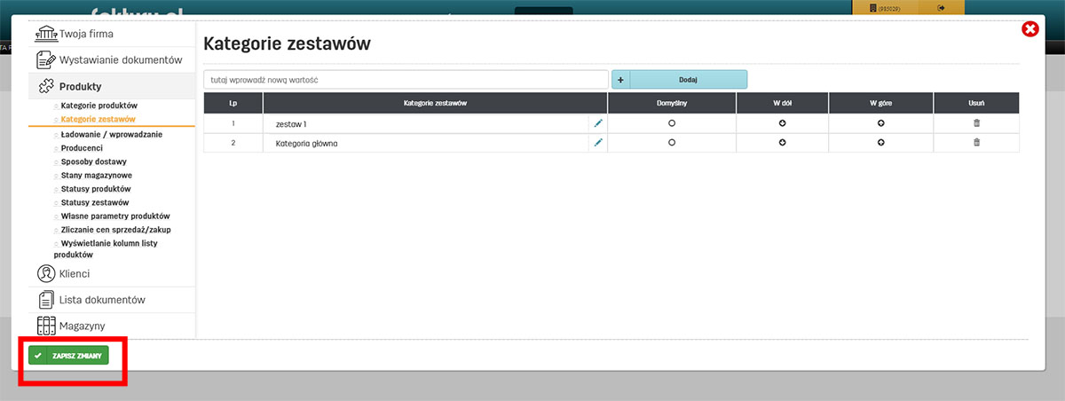 Edycja ustawień kategorii produktów w faktury.pl