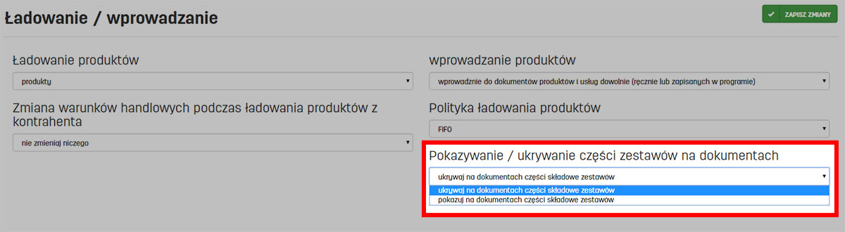 Pokazywanie bądź ukrywanie części zestawów na dokumentach