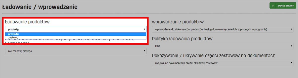 Domyślne ładowanie zestawów na fakturę