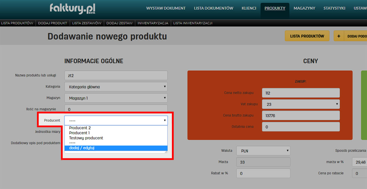 Edycja producenta na faktury.pl