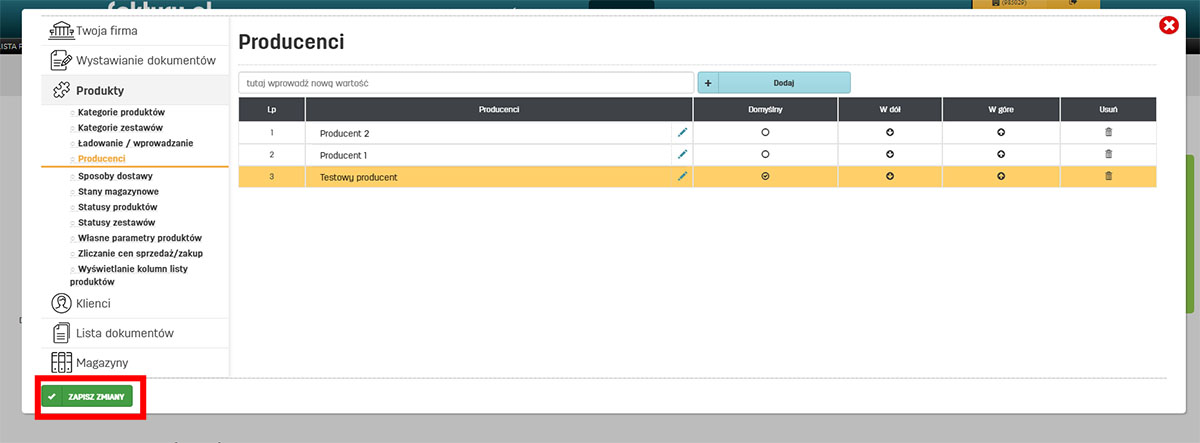 Ustawienia producentów w oprogramowaniu do faktur online faktury.pl
