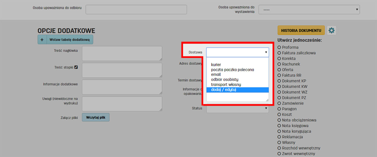 Wybór sposobu dostawy podczas wystawiania faktury