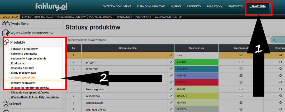 Statusy produkt&oacute;w w programie do fakturowania faktury.pl