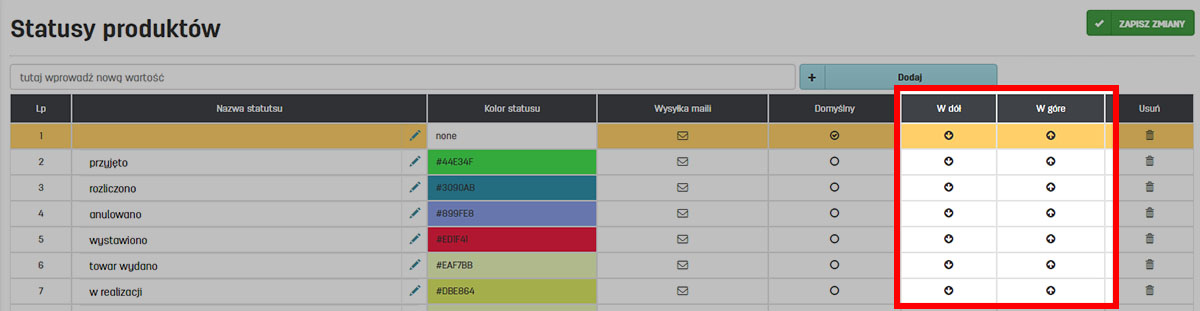 Kolejność status&oacute;w produkt&oacute;w