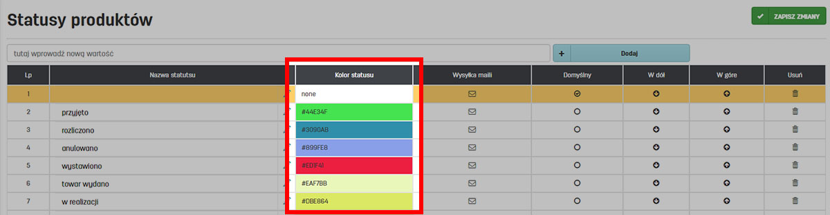 Ustawienia kolor&oacute;w dla status&oacute;w produkt&oacute;w