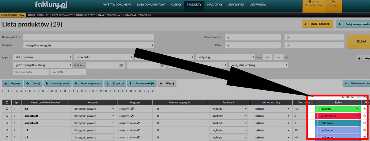 Zmiana statusu produktu w programie faktury.pl