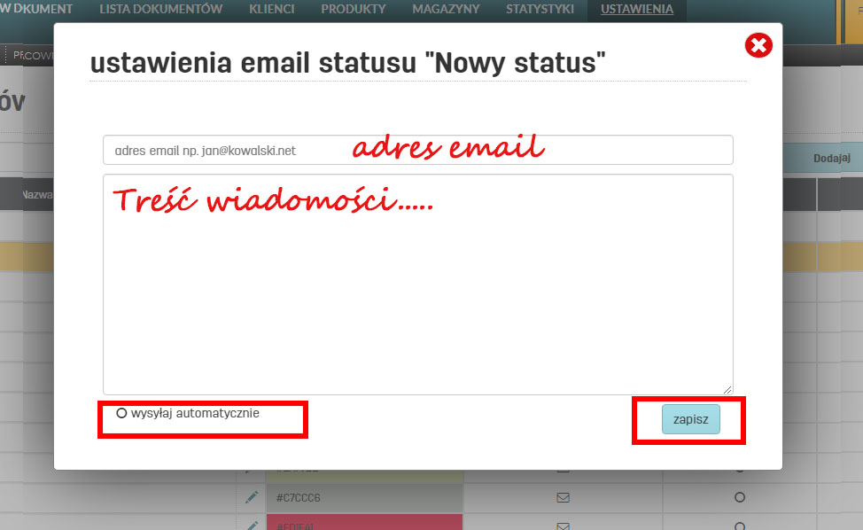 Ustawienia wysyłki maili statusu produktu Treść wiadomości dla wybranego statusu produktu