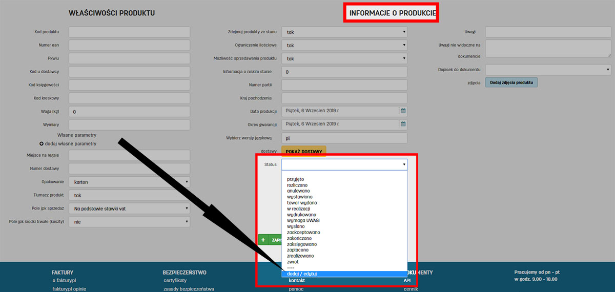 Dodawanie nowych status&oacute;w dla produkt&oacute;w