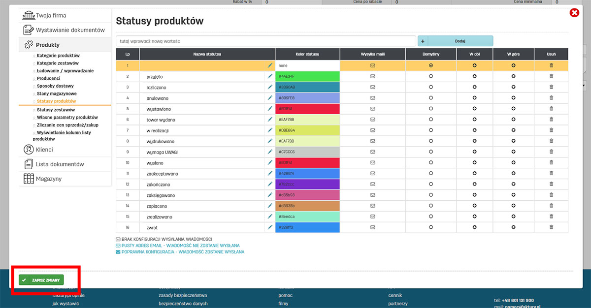 Ustawienia własnych status&oacute;w produkt&oacute;w