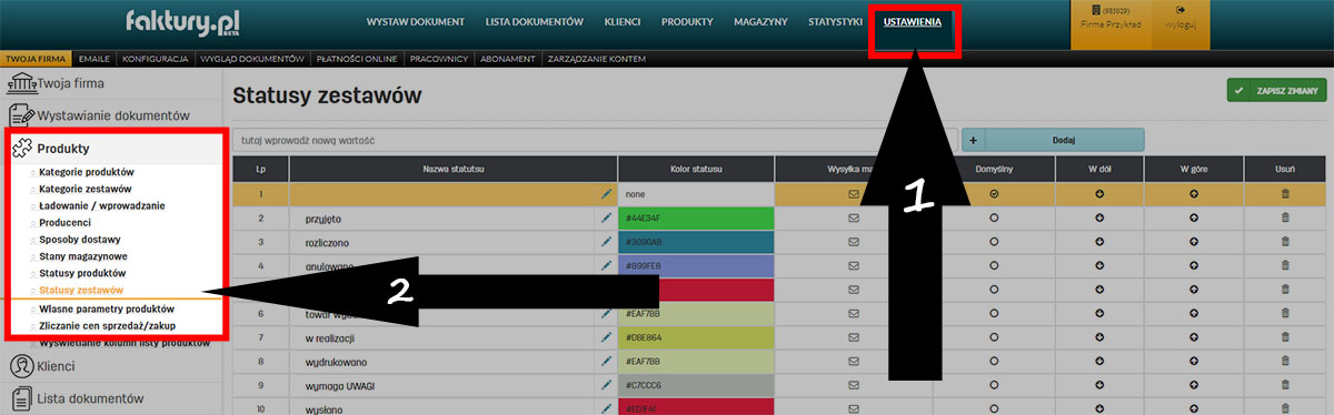 Konfiguracja statusów zestawów