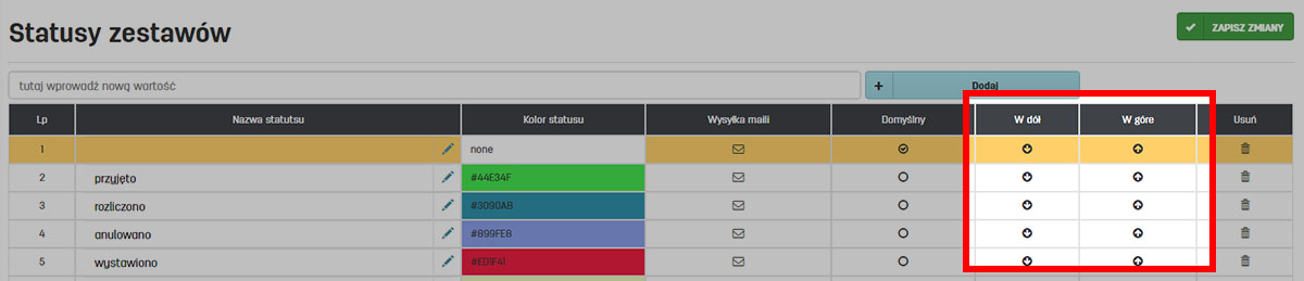 Ustawienia kolejności status&oacute;w zestaw&oacute;w