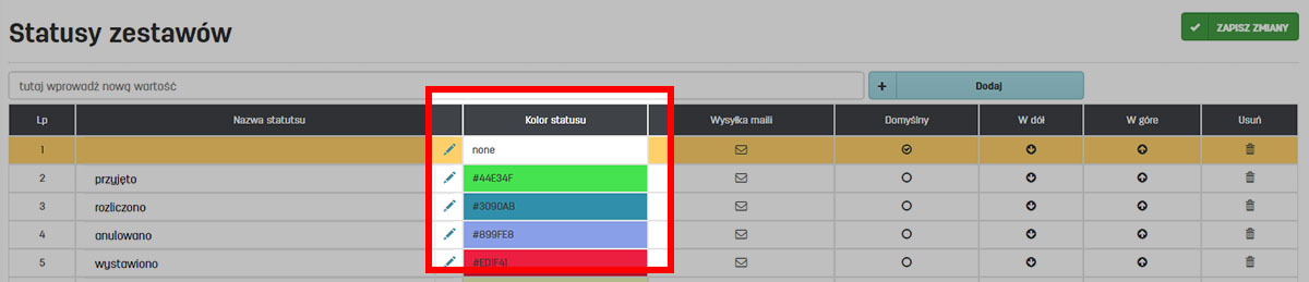 Nadanie koloru statusom zestawów