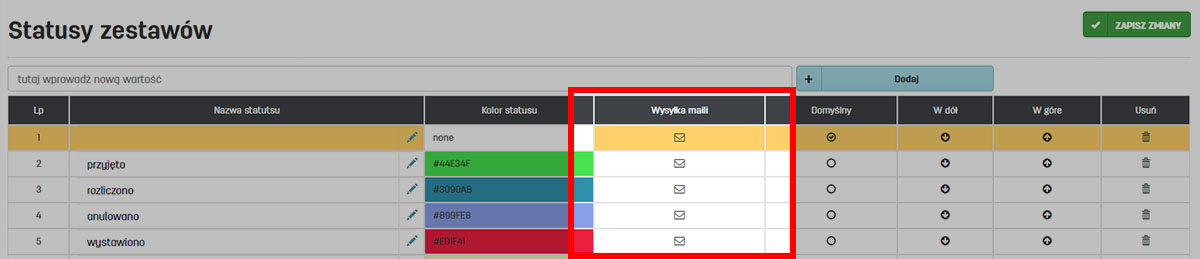 Konfiguracja wysyłki email dla statusów zestawów produktów