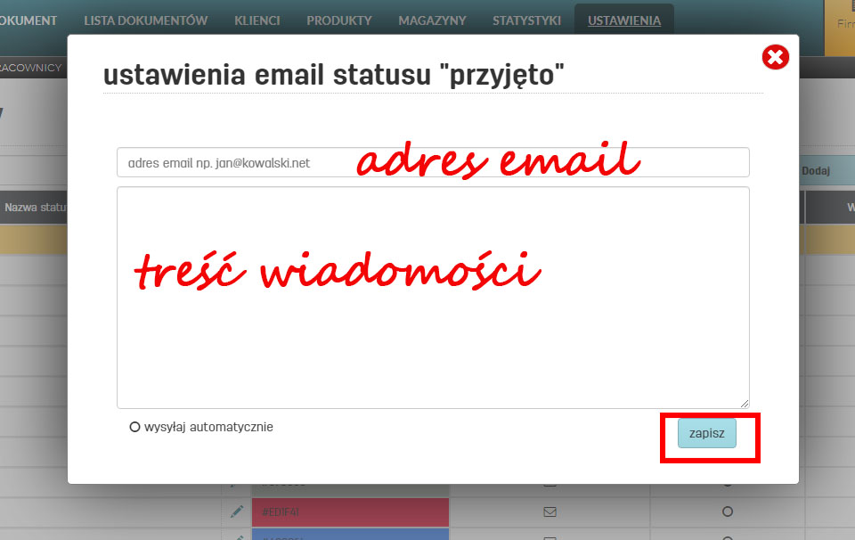 Treść automatycznej wiadomości email dla statusu zestawu