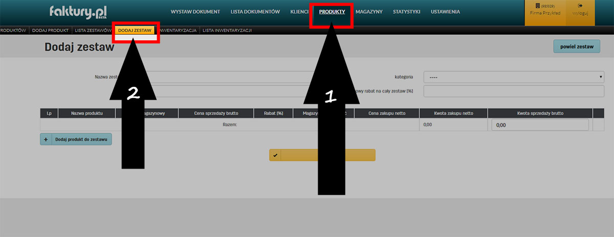 Dodawanie zestawu dla produktów w serwisie faktury.pl
