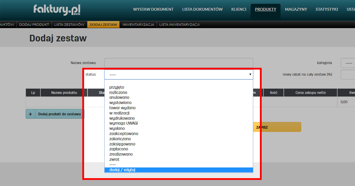 Wybór statusu dla zestawu produktów