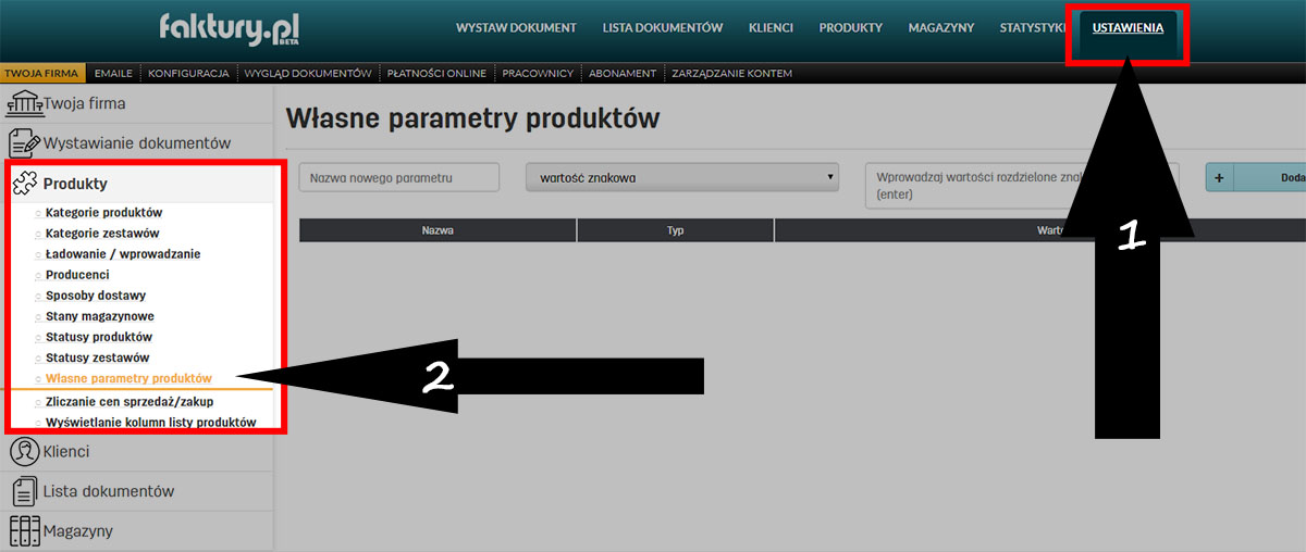 Własne parametry produktów w faktury.pl